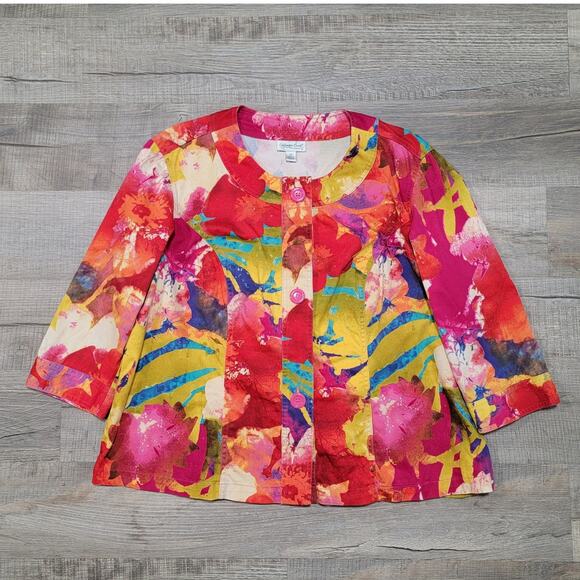 Coldwater Creek 2X Watercolor Floral Button Up Jacket Top Preppy Art Tropical - Picture 1 of 7